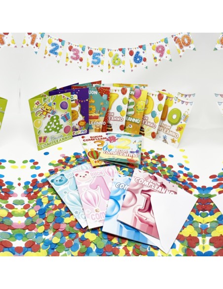 Kit ricarica Compleanni (1, 2, 3, 4, 5, 6, 7, 8, 9, 10 anni) / Biglietti di auguri mod. Basic