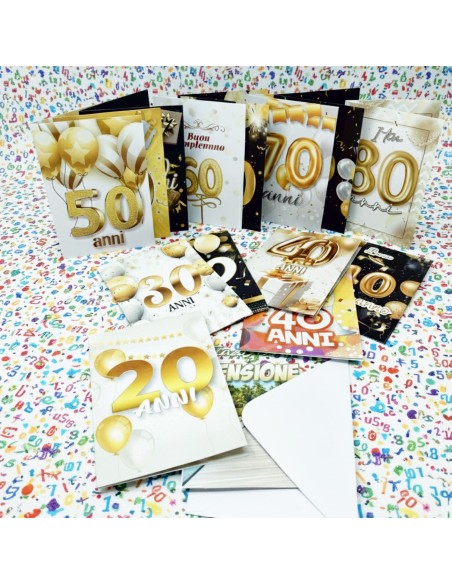 Kit ricarica Compleanni (20, 30, 40 ,50 60, 70 anni + Pensione) / biglietti di auguri mod. Basic